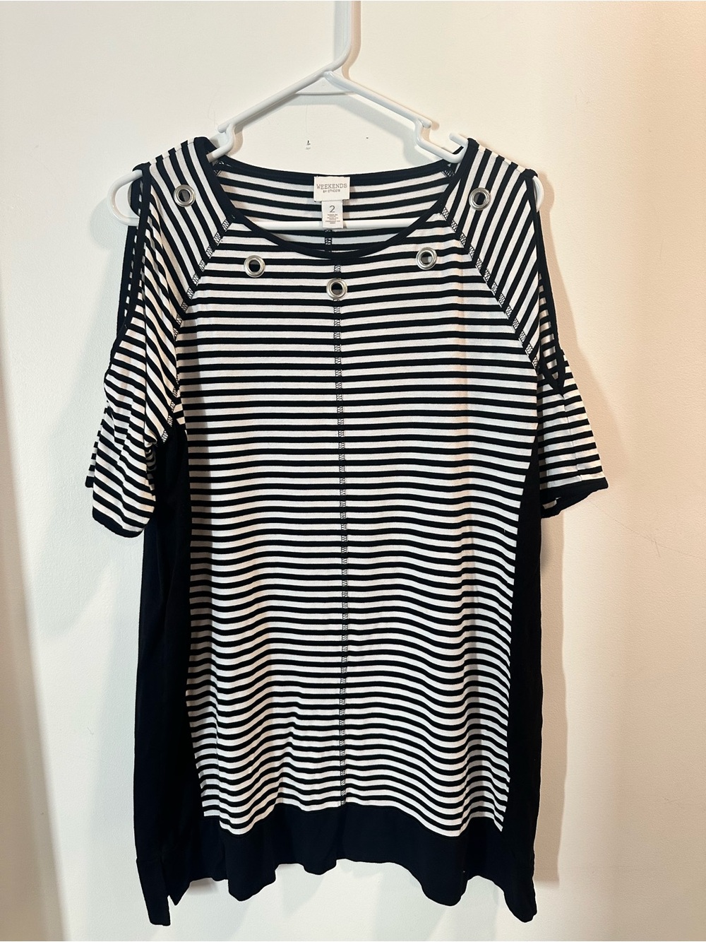 Chico's Black and White Striped Cold-Shoulder Grommet Top Size 2 (Large)